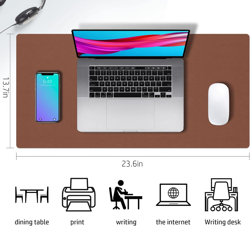 Double-Sided PU Leather Desk Pad - Non-Slip Large Mouse Pad & Desk Mat for Office, Home - Waterproof, Easy to Clean, Durable Dual-Sided Surface(Brown, 23.6" X 13.7")